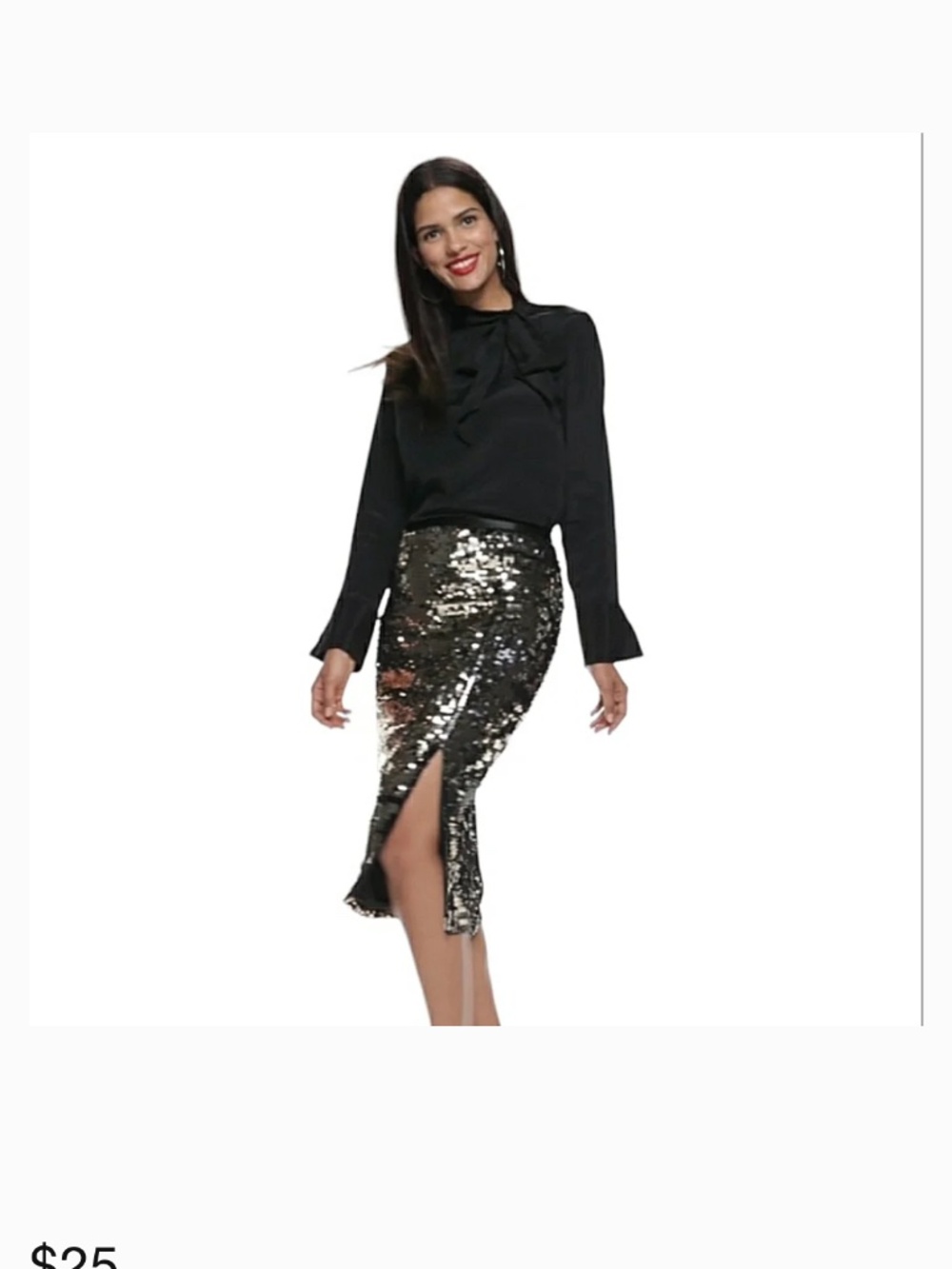 Nine West Pull On Gold Sequins Front Slit Fitted Black Pencil Midi Skirt L